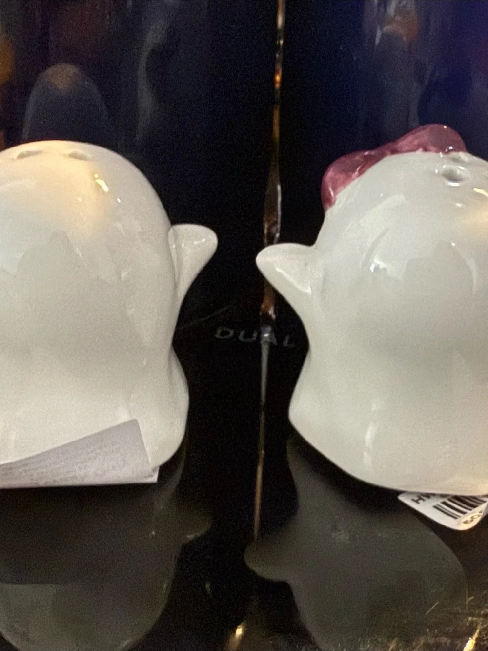 Cracker Barrel White Ghost Salt and Pepper Shakers with Black and Pink Accents